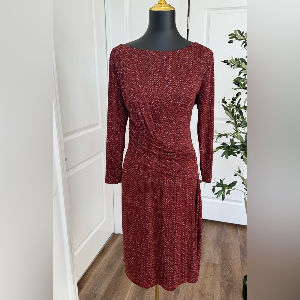 Talbots women's dress with a‎ red and brown pattern, long sleeves Size Medium